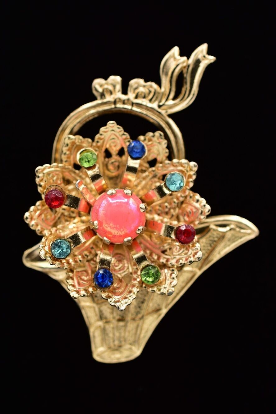 Vintage Flower Pin Brooch Sheet Metal Lightweight Rhinestone Cabochon Gold BinB